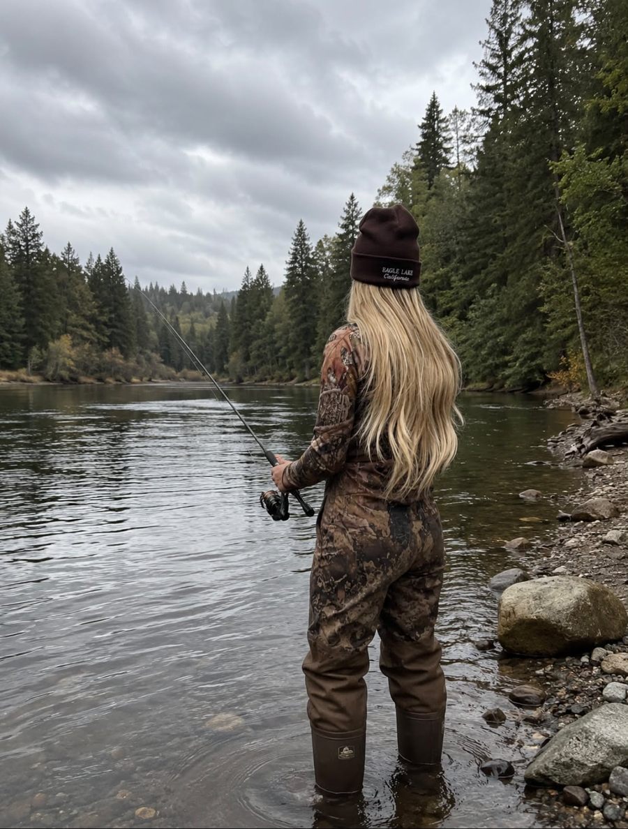 Staysha in waders fishing a wide river lined with pine trees