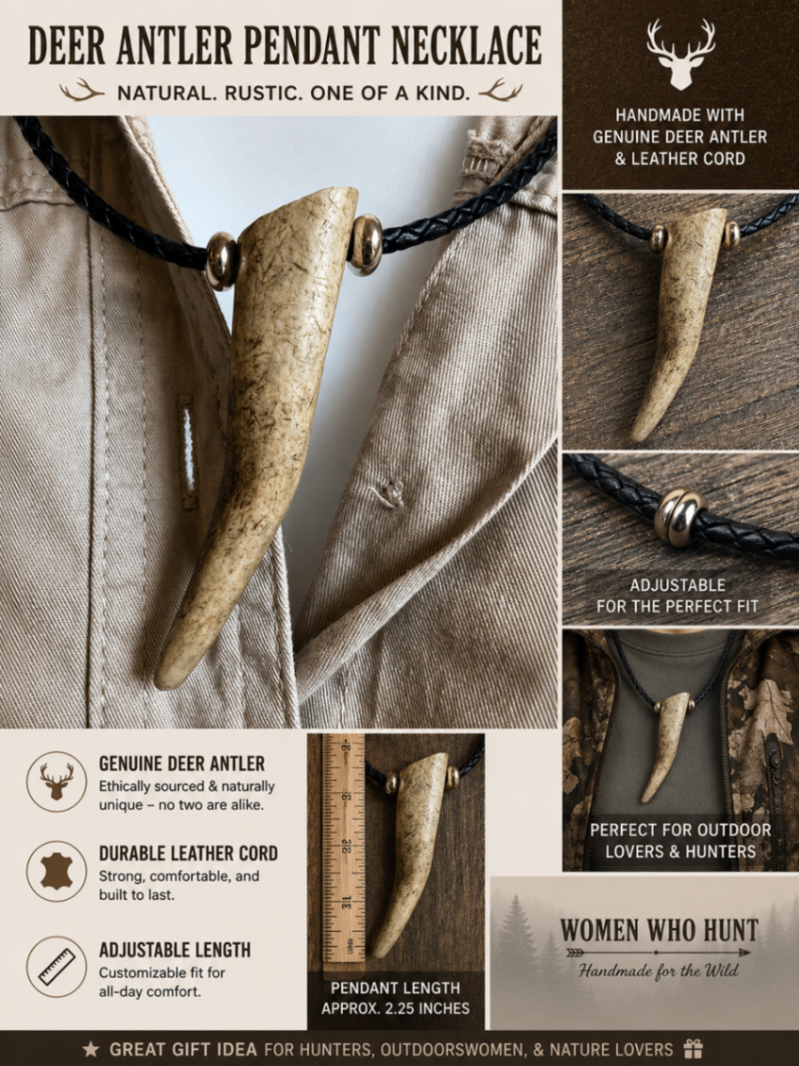 Handmade Deer Antler Pendant Necklace – Natural Antler with Timber Beads