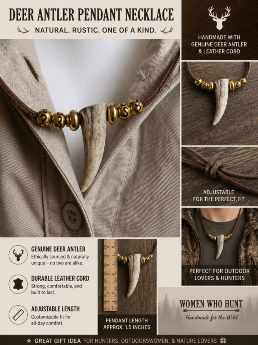 Rustic deer antler necklace with curved light antler pendant and gold bead details on brown leather cord