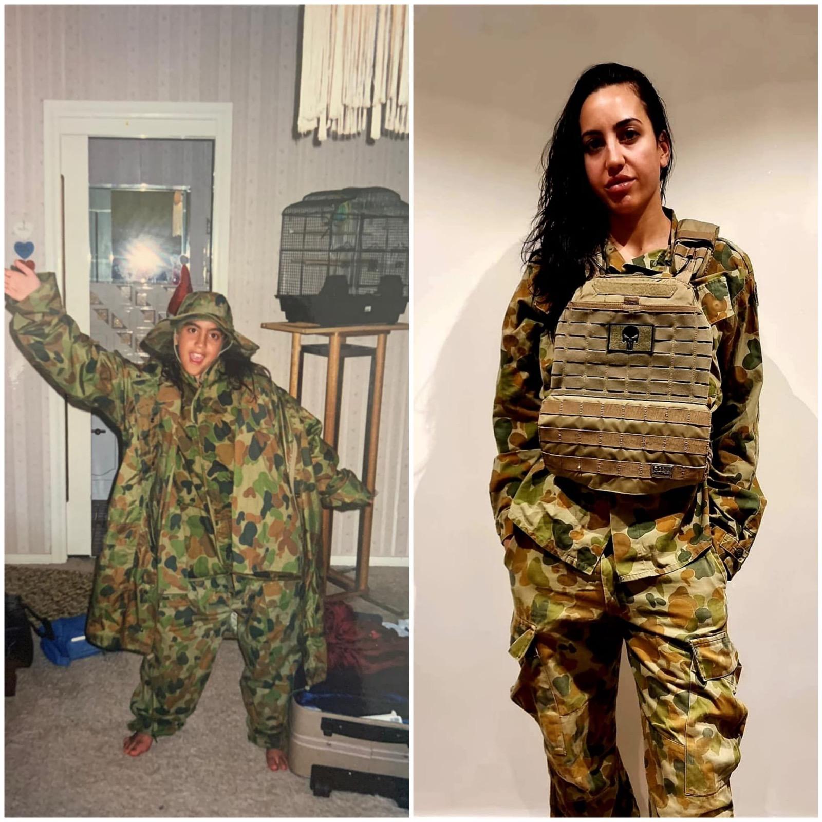 Then and now — young Claire in her dad’s army greens, thumbs up, and the same girl all grown up