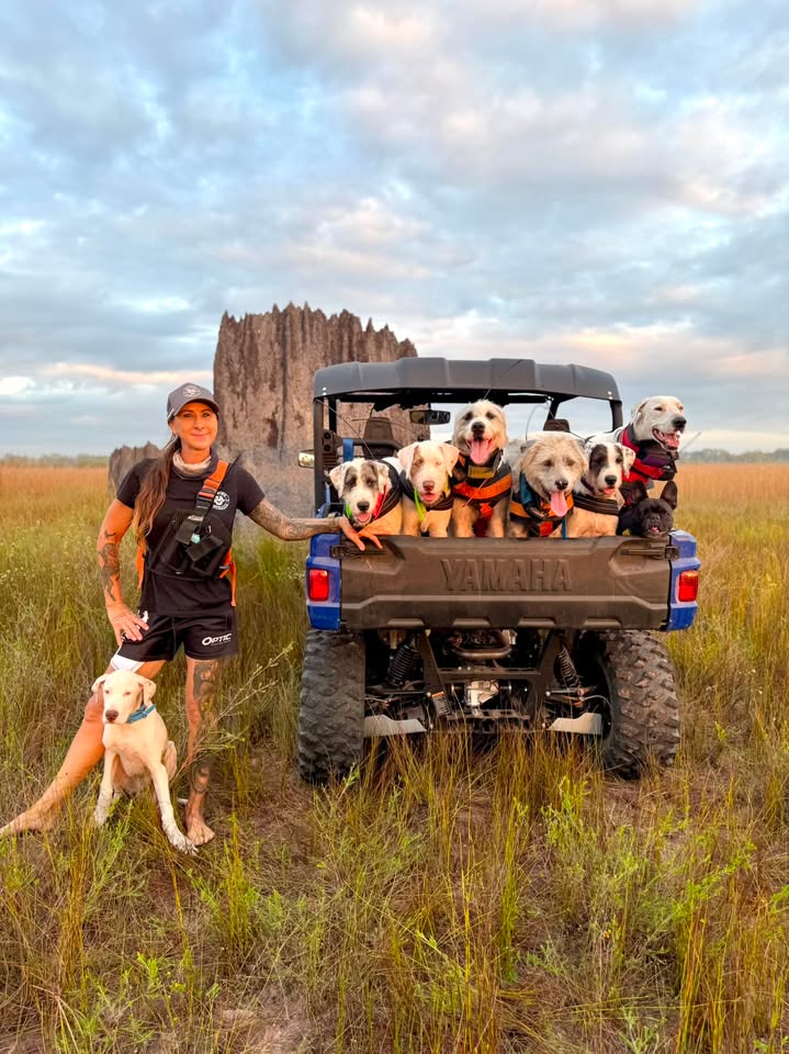 Bianca in buffalo country at first light with her dogs on the buggy