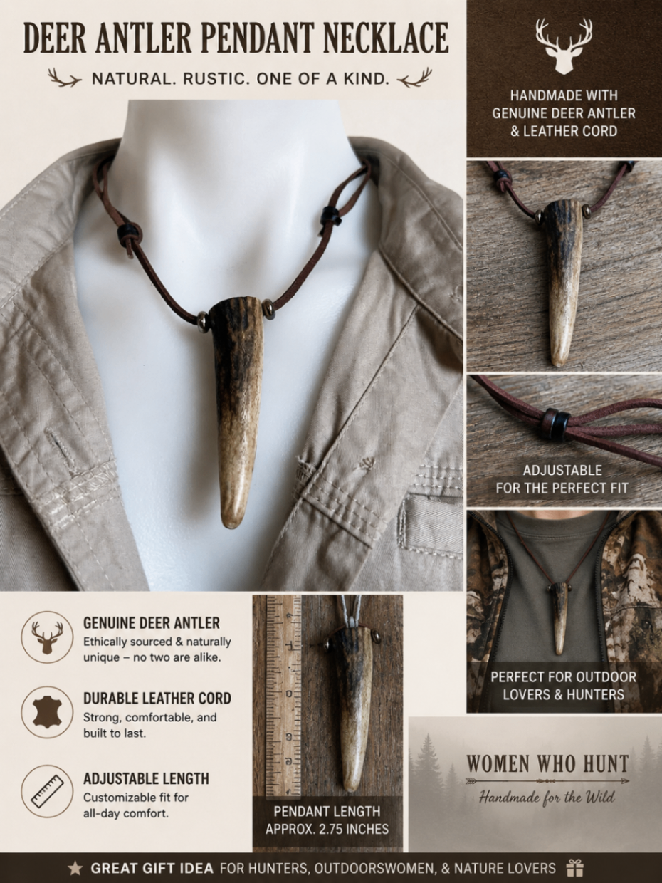 Handmade Deer Antler Pendant Necklace – White Antler with Dark Cord