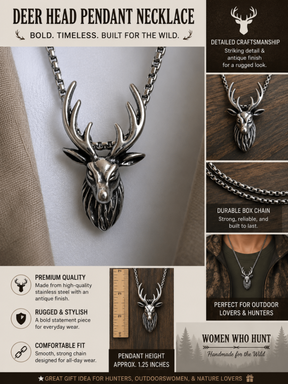 Stainless steel deer head pendant necklace with antique silver finish and stainless steel box chain