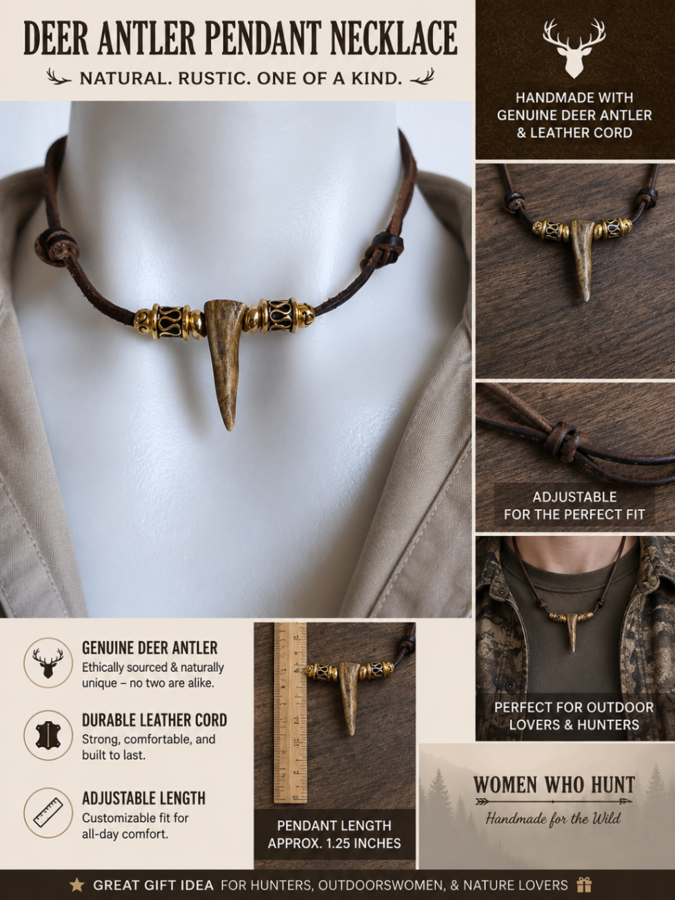 Handmade Deer Antler Pendant Necklace – Dark Antler with Brown Leather Cord