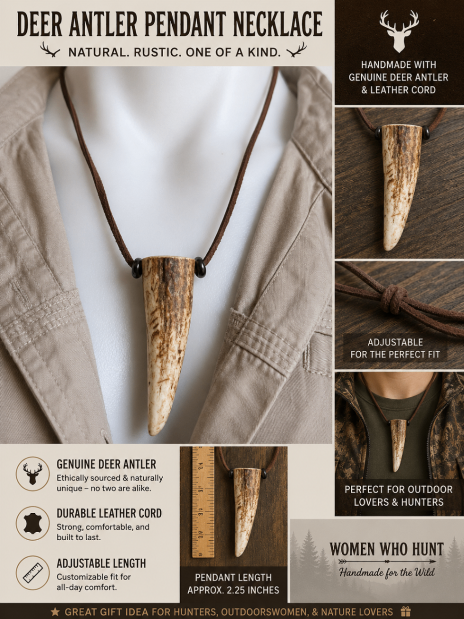 Long handmade deer antler pendant necklace with black leather cord and dark bead details